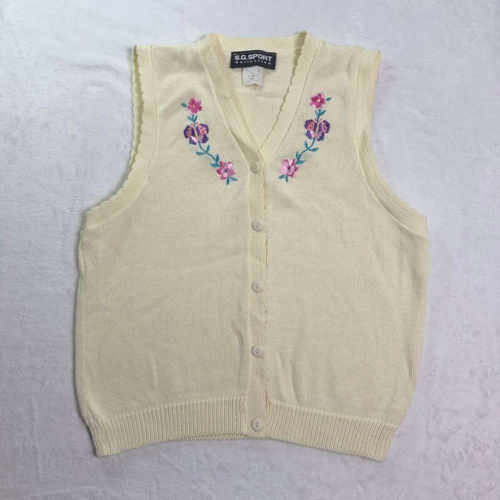 S.G. Sport Collection VTG Cream Floral Butterfly Knit Cottage‎ Cardigan Vest M